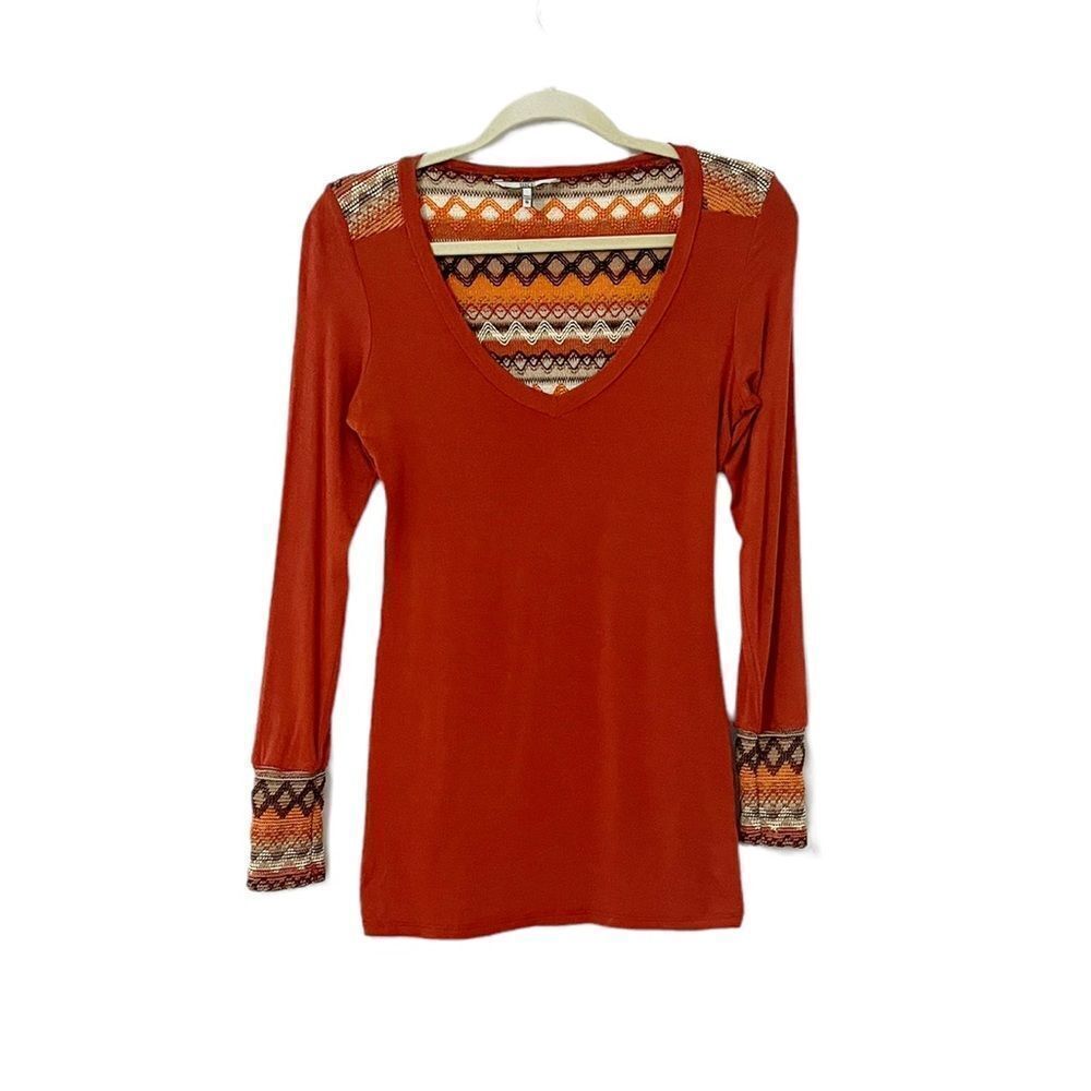 🟢Buckle BKE Rust Multicolored Aztec Crochet Lace Back Long Sleeve Shirt Size S